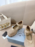 Prada ladies suede shoes, beige with adjustable strap, chunky sole, pair on box