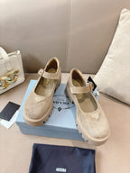 Prada ladies suede shoes, beige pair with buckle strap and chunky lug sole