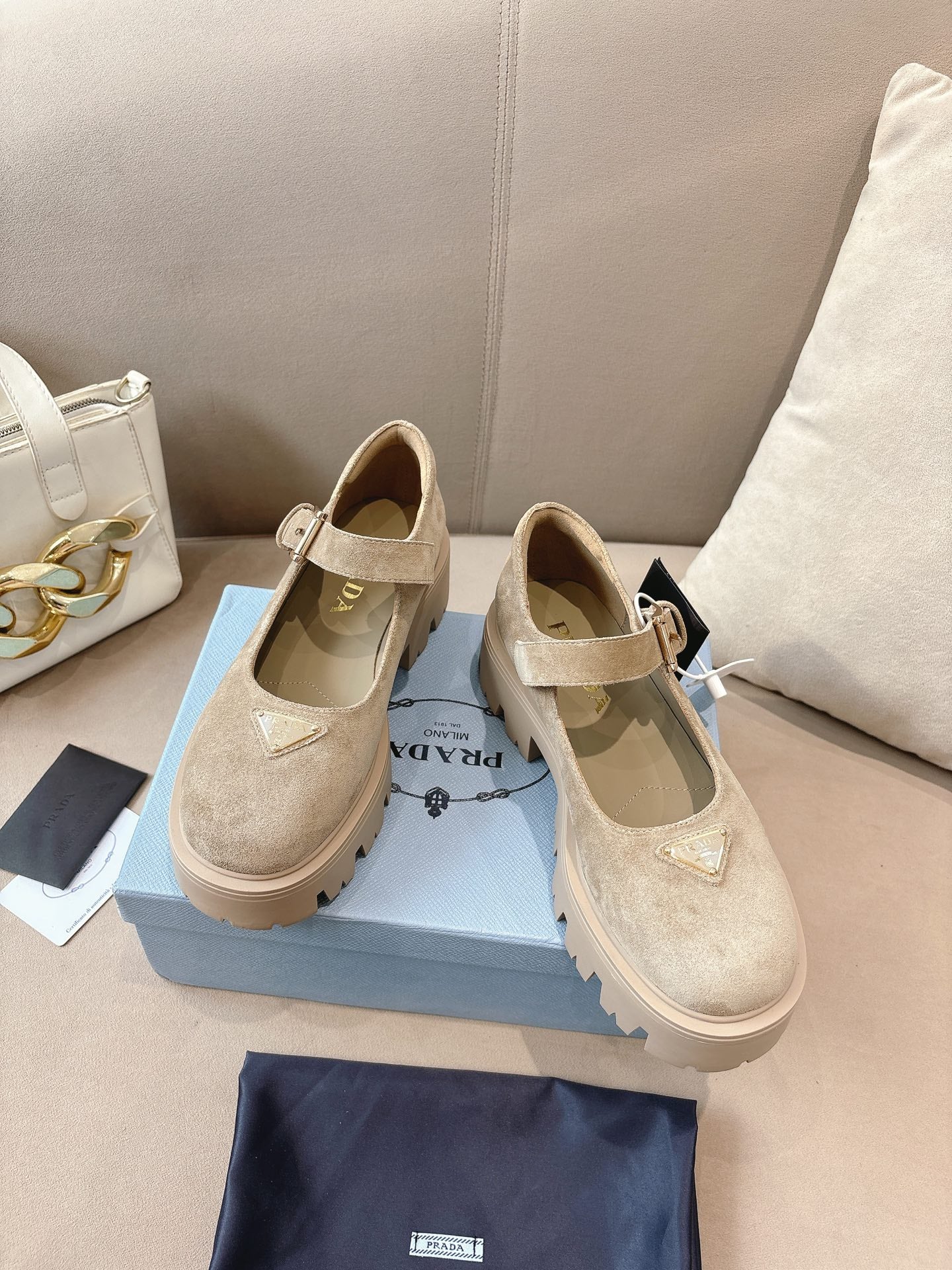 Prada ladies suede shoes, beige pair with buckle strap and chunky lug sole
