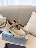 Prada ladies suede shoes, beige square toe with adjustable strap and lug sole