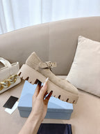Prada ladies suede shoes, beige with chunky lug sole and side strap buckle