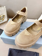 Prada ladies suede loafers, beige with strap buckle and stitched logo detail