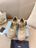 Prada ladies suede slip-on shoes, beige with buckle strap and lug sole