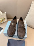 Prada ladies suede loafers, dark brown slip-on with logo plaque and lug sole