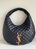 YSL quilted hobo bag, dark leather-look, gold YSL logo and braided handle