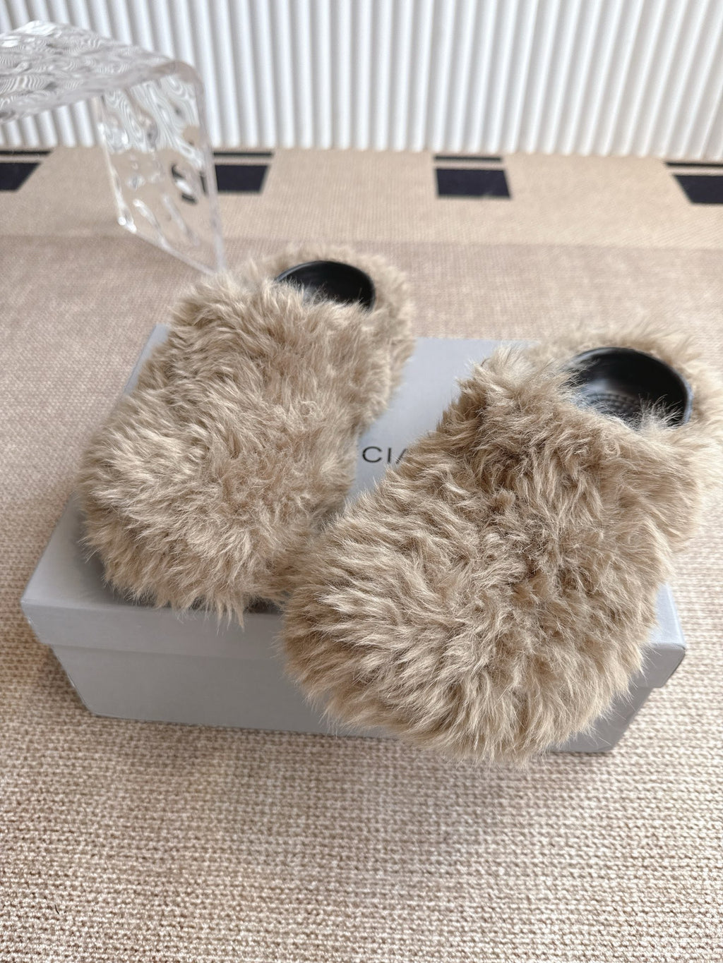 Balenciaga beige faux-fur slide sandals, toe openings and black lining visible