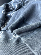 Gucci hoodie fabric close-up with gray knit texture and ribbed cuff detail