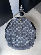 Gucci zip-up hoodie in dark gray with allover GG logo pattern and full front zipper