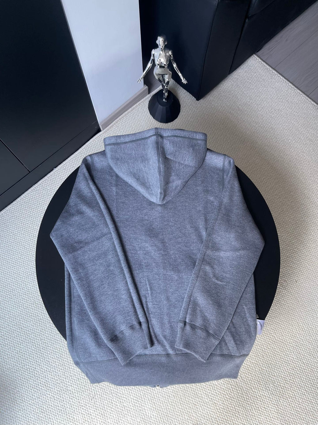Gucci zip-up hoodie in medium blue-gray with attached hood, viewed from the back