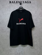Black short-sleeve T-shirt with red puma logo and BALENCIAGA chest print