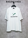 White short-sleeve T-shirt with green emblem and BALENCIAGA front print