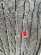 Ralph Lauren knit sweater detail with red Polo pony logo on cable stitch