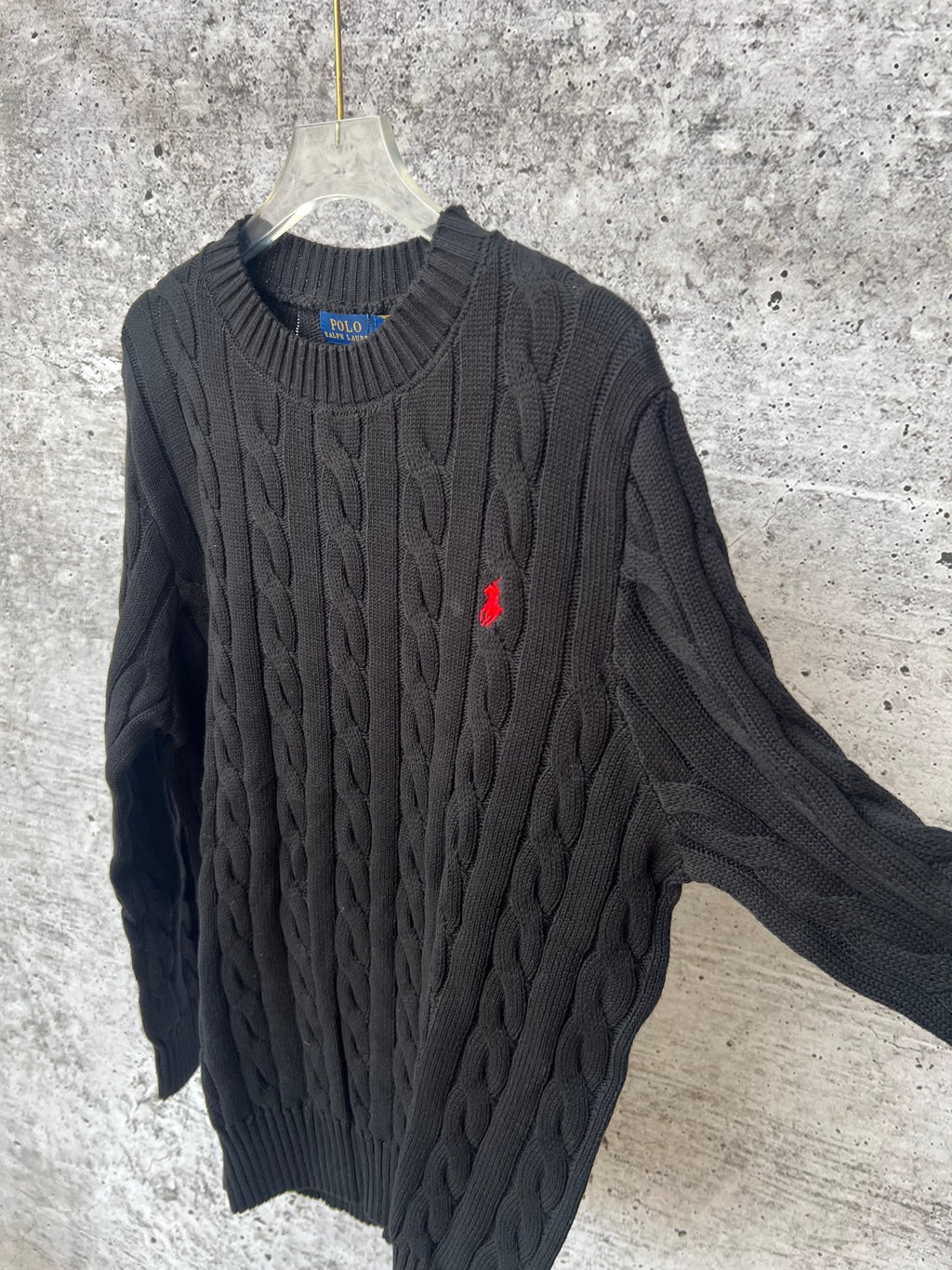 Ralph Lauren cable-knit sweater with red pony logo, long sleeves, crew neck