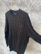 Ralph Lauren cable-knit sweater with red pony logo, long sleeves, crew neck