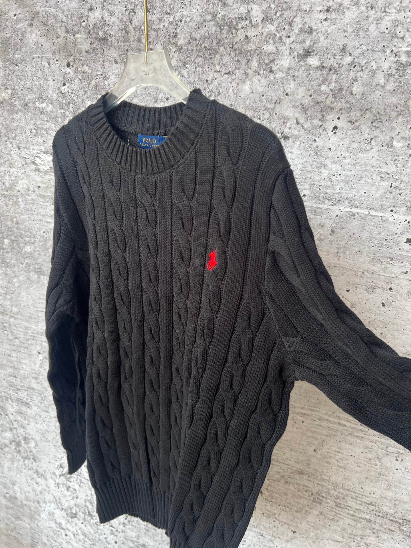 Ralph Lauren cable-knit sweater with red pony logo, long sleeves, crew neck
