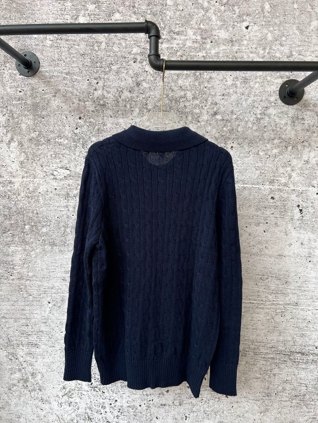 Navy cable-knit long-sleeve sweater with ribbed crew back neckline