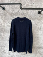 Navy cable-knit long-sleeve sweater with ribbed crew back neckline