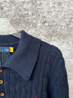 Navy knit polo sweater with ribbed collar and gold-toned button placket