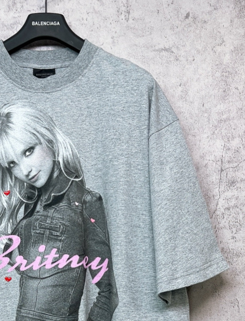 Balenciaga heather gray T-shirt close-up with Britney portrait print on chest