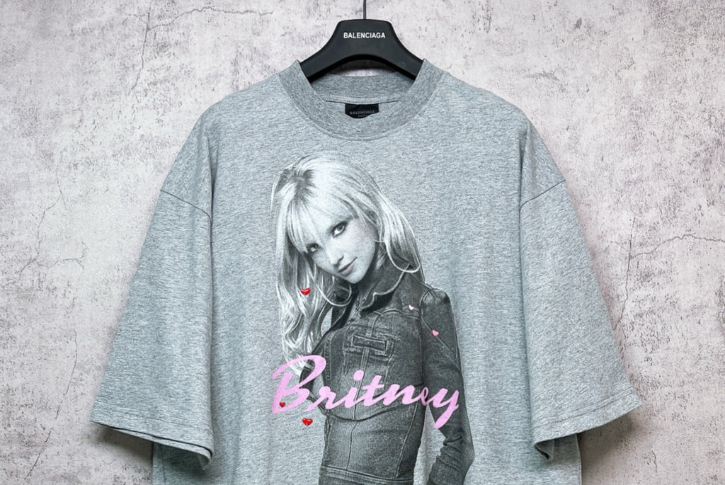 Balenciaga heather gray graphic T-shirt featuring Britney portrait, short sleeves