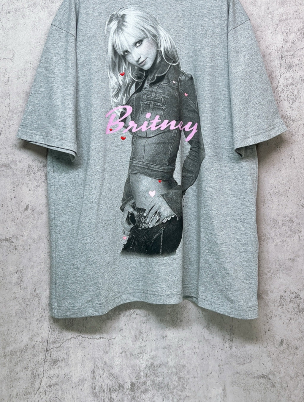 Balenciaga heather gray graphic T-shirt with Britney portrait and pink lettering