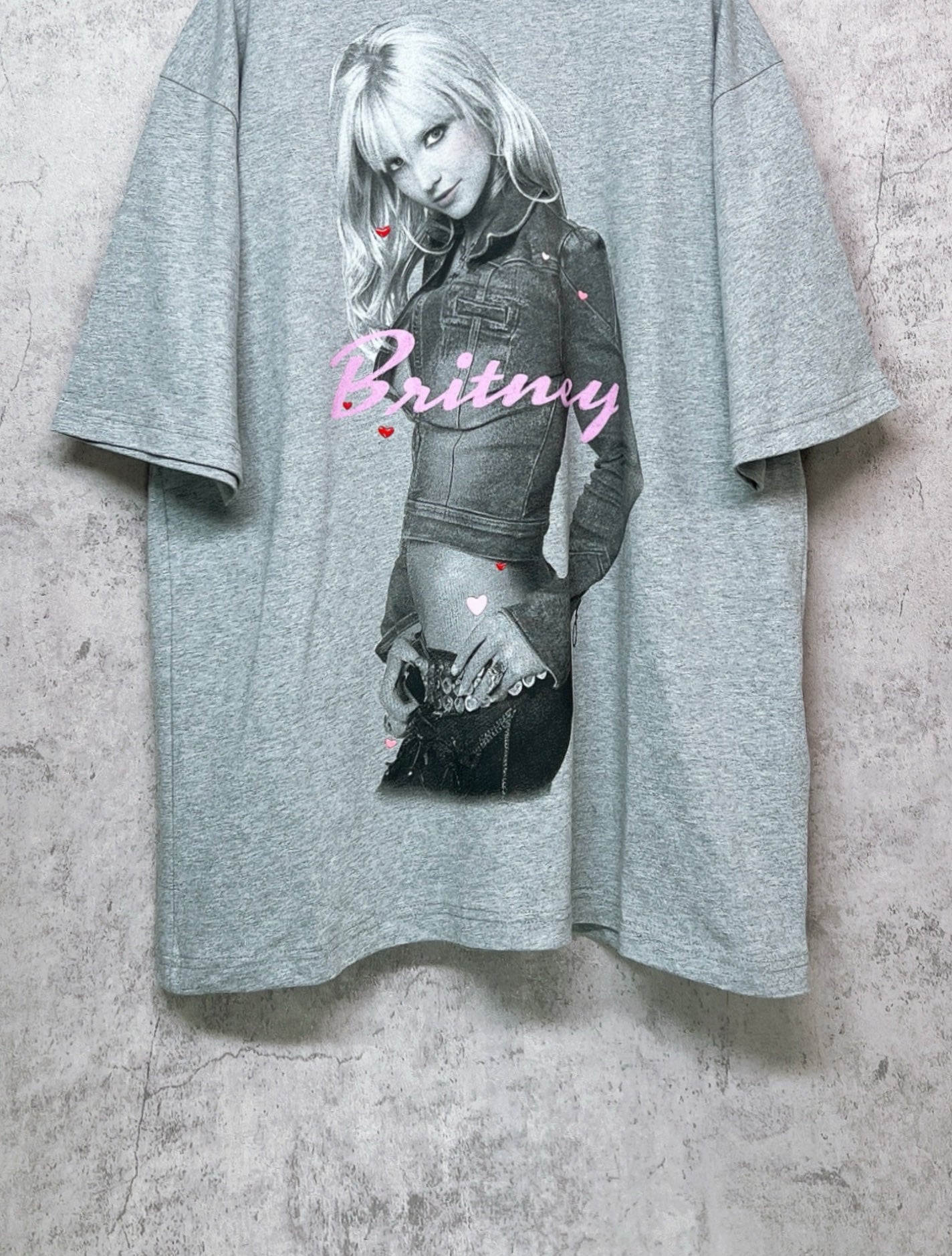 Balenciaga heather gray graphic T-shirt with Britney portrait and pink lettering