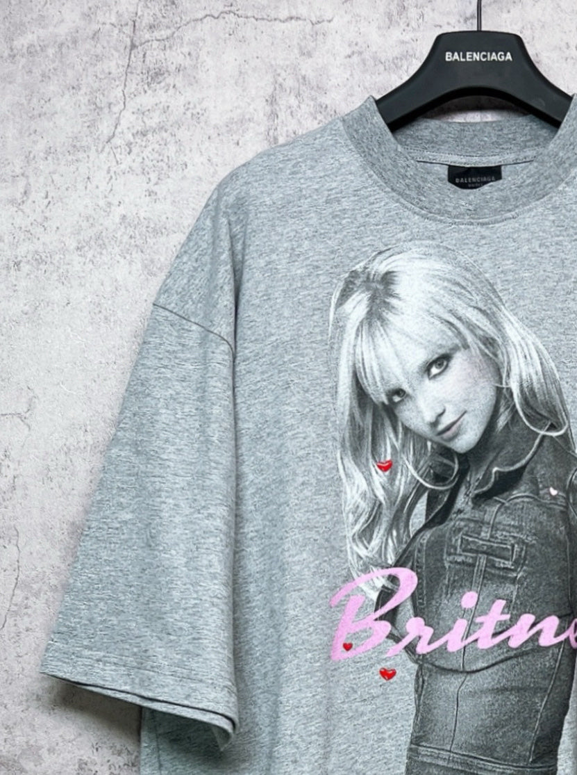 Balenciaga heather gray T-shirt sleeve and chest close-up with Britney portrait