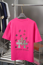 Pink short-sleeve T-shirt with large rhinestone cross print on back