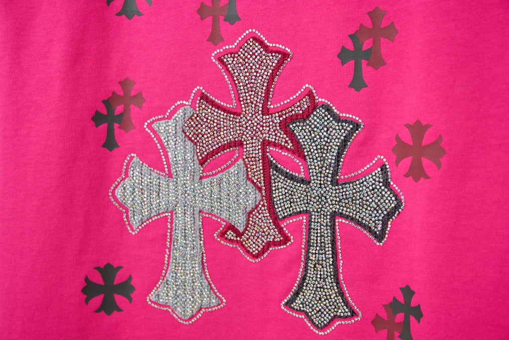 Pink short-sleeve T-shirt with rhinestone cross and star-style accents print