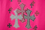 Pink short-sleeve T-shirt with rhinestone cross and star-style accents print