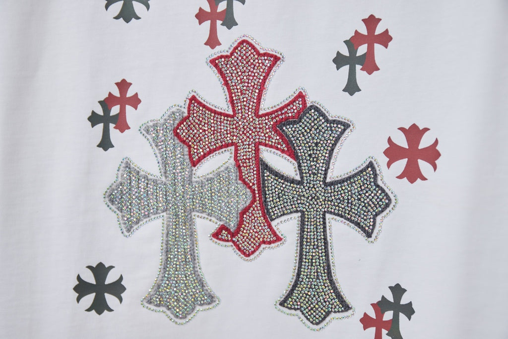 White T-shirt with large rhinestone-style cross graphic in red, gray, and white