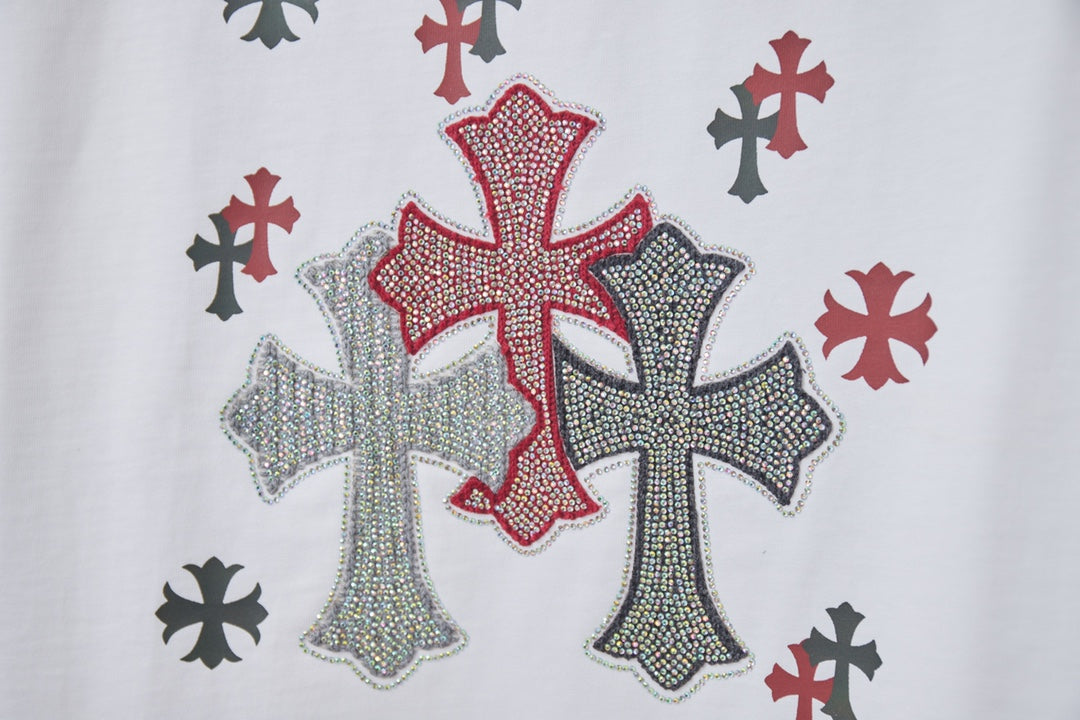 White T-shirt with large rhinestone-style cross graphic in red, gray, and white