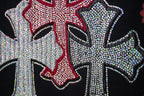 Embellished cross graphic with red center and silver rhinestone trim on black T-shirt