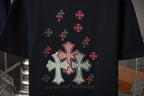 Black short-sleeve T-shirt with red cross and silver dot design; CHROME HEARTS text