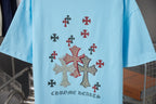 Light blue Chrome Hearts short-sleeve T-shirt back with cross motif and 'Chrome Hearts' text