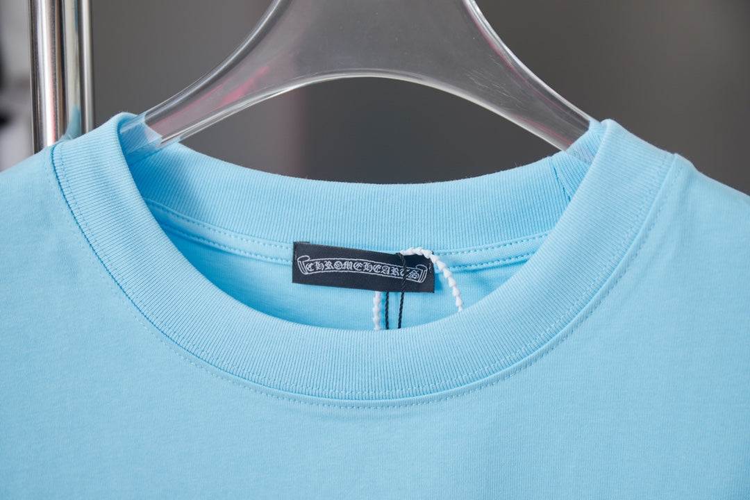 Light blue Chrome Hearts short-sleeve T-shirt neckline with brand label