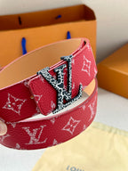 Louis Vuitton belt red monogram strap with gold buckle and patterned keeper