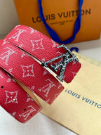 Louis Vuitton belt red monogram canvas with gold buckle and patterned keeper