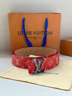 Louis Vuitton belt red monogram with gold LV buckle on tan leather side