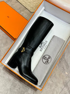 Black leather mid-calf boots in gift box with dust bag and cloth