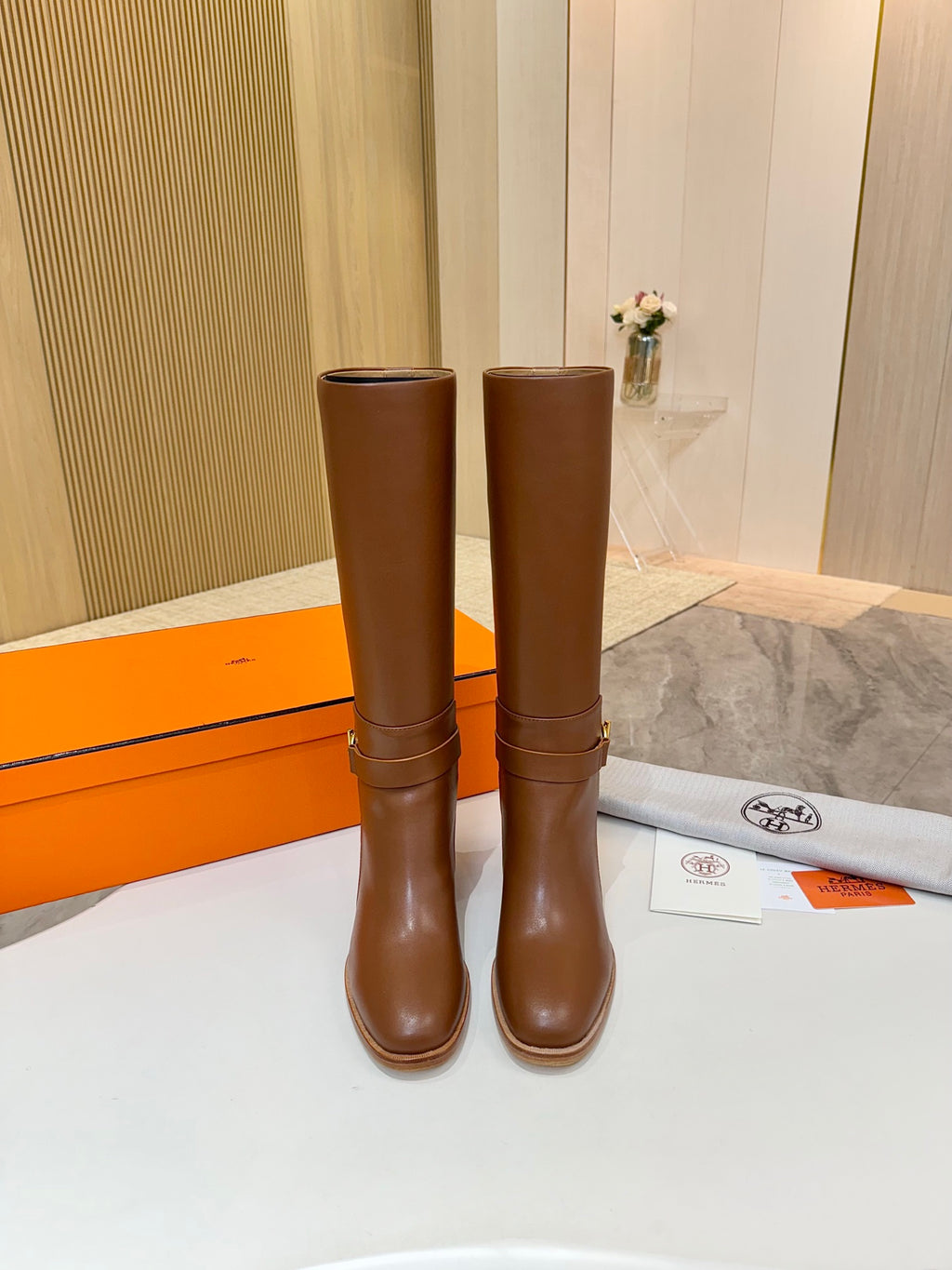 Hermes womens brown knee-high leather boots, tall shaft and stacked block heel