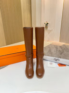 Hermes womens brown knee-high leather boots, tall shaft and stacked block heel