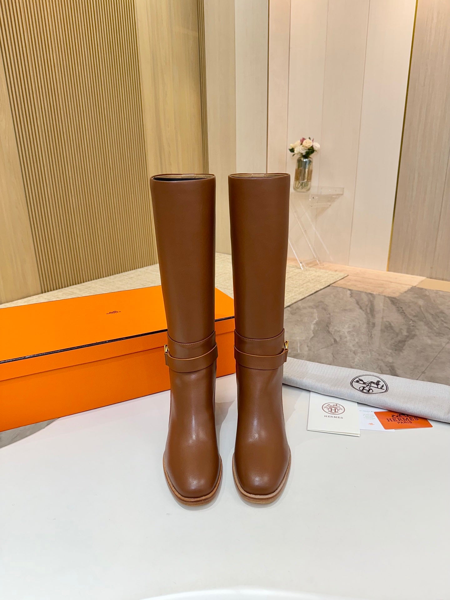Hermes womens brown knee-high leather boots, tall shaft and stacked block heel