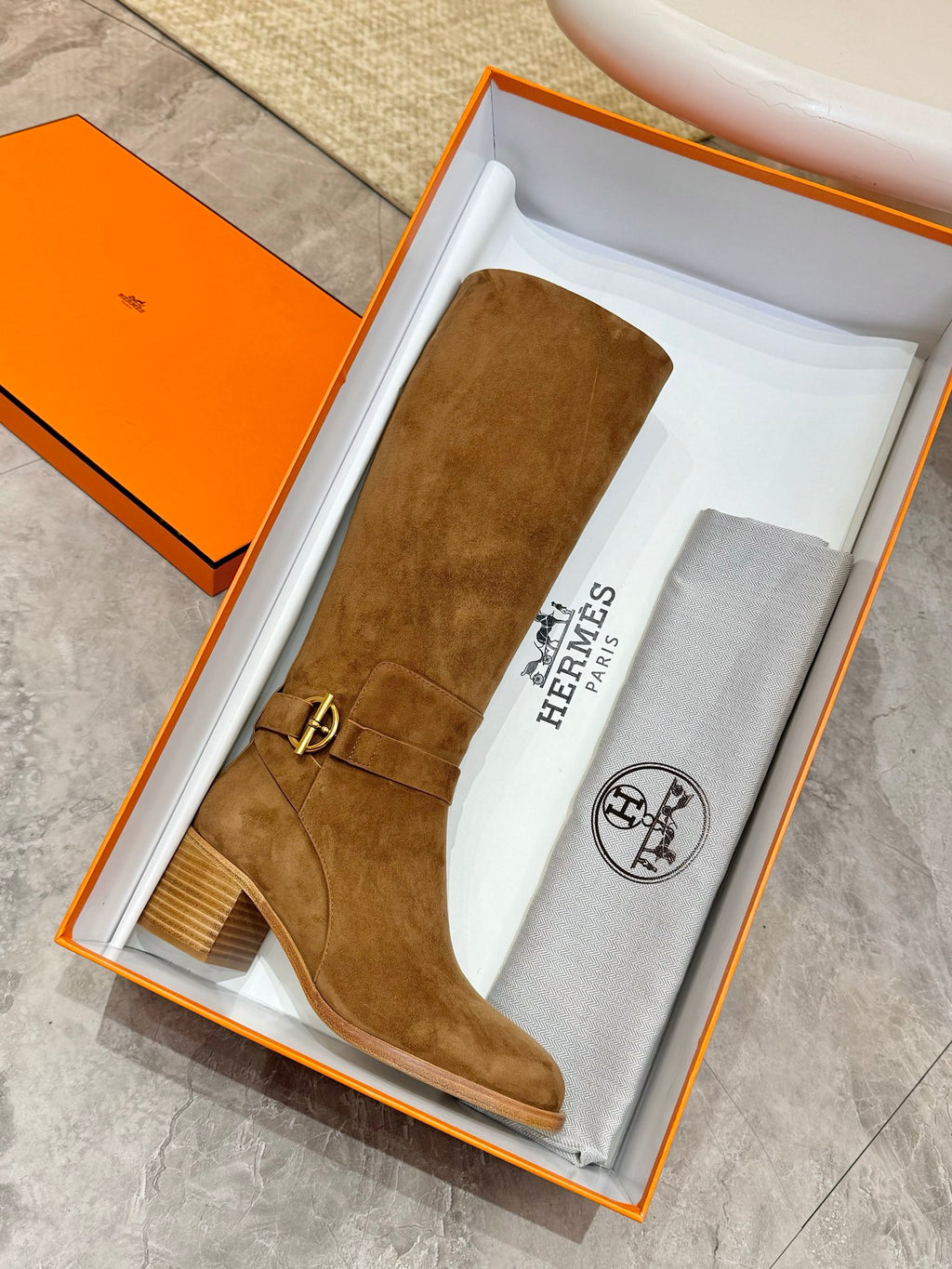Brown suede mid-calf boot in gift box with Hermes dust bag