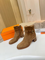 Hermes suede ankle boots for women, brown, logo buckle and ribbed block heel