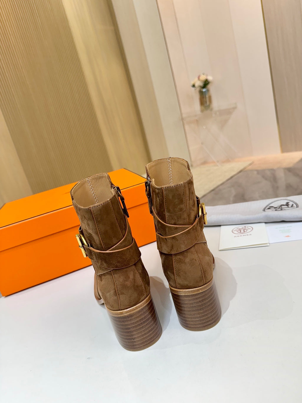 Hermes ladies suede ankle boots with block heel, brown and stacked back panels