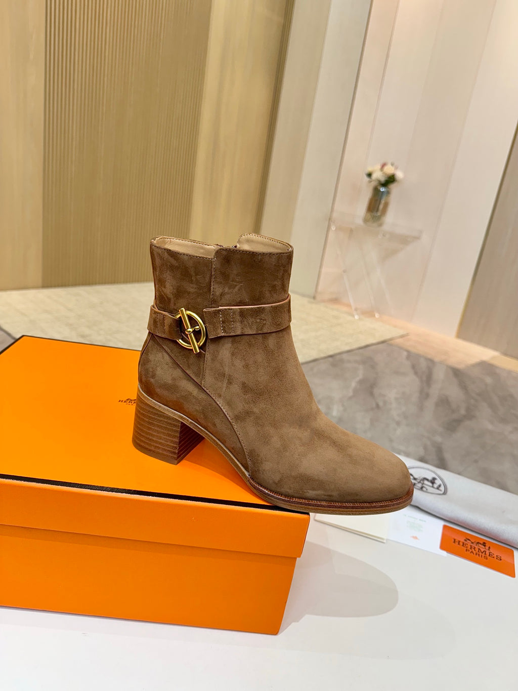 Hermes ladies suede ankle boots in brown, block heel, logo buckle detail