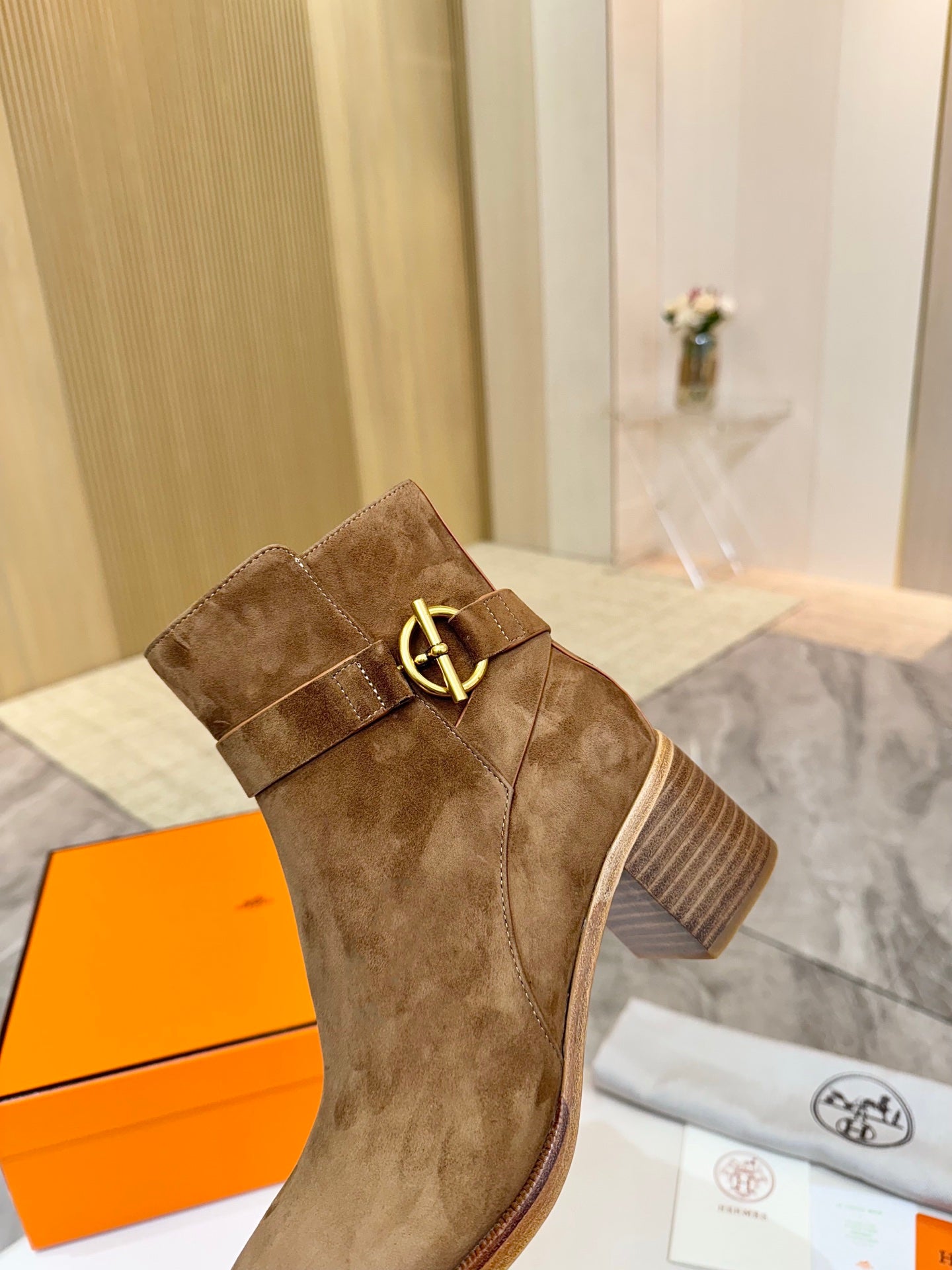 Hermes suede ankle boots for women, brown with side buckle and stacked block heel