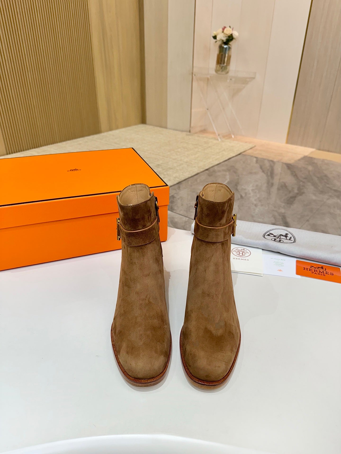 Hermes ladies suede ankle boots in brown, two shoes with block heels