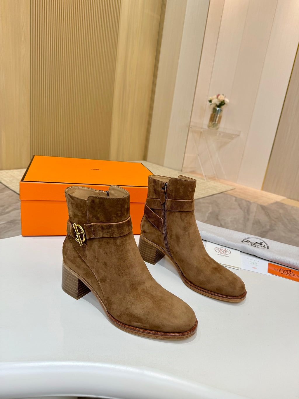 Hermes ladies brown suede ankle boots with logo buckle and chunky block heel